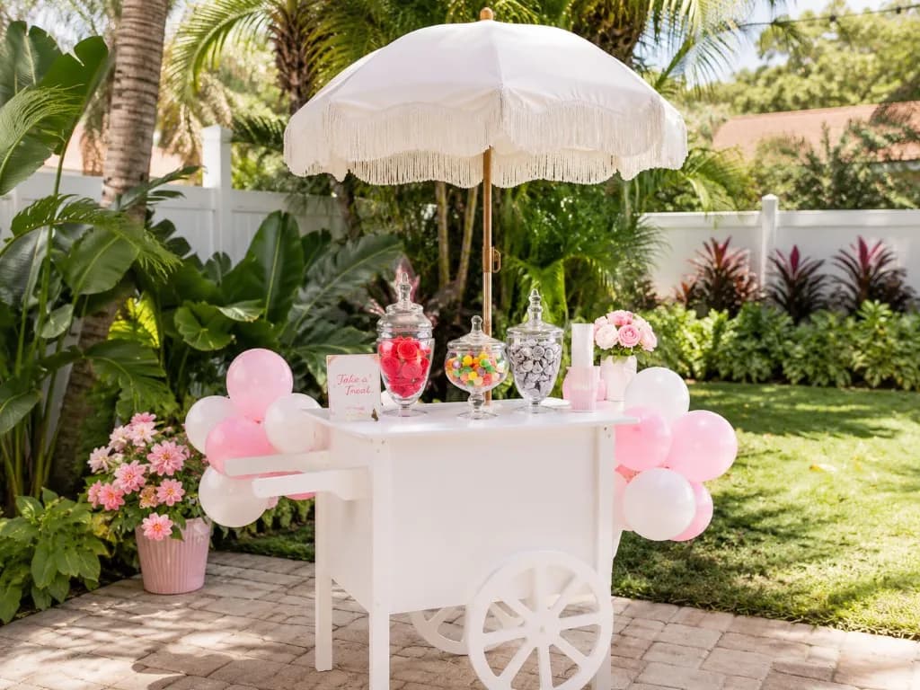White candy cart with boho umbrella, candy jars, and pink party decor set up outdoors for a backyard party.