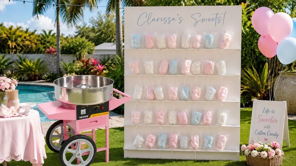 Pink cotton candy cart and cotton candy display wall with pastel blue, pink, and white cotton candy set up for an outdoor party.