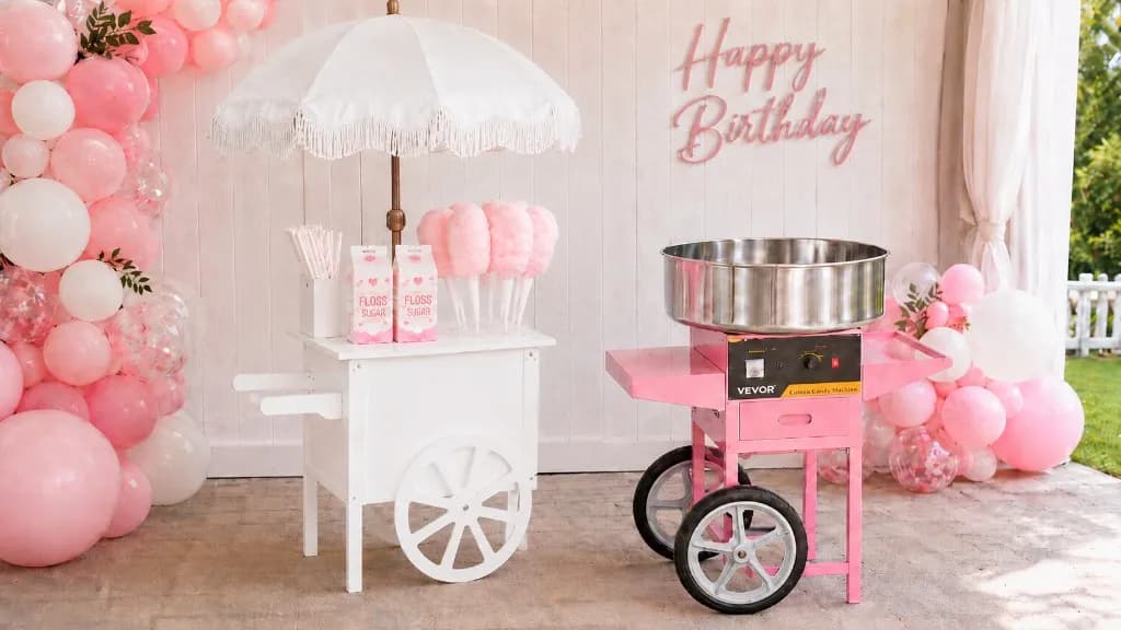 Cotton candy machine and white social cart with boho umbrella set up for a pink birthday party.