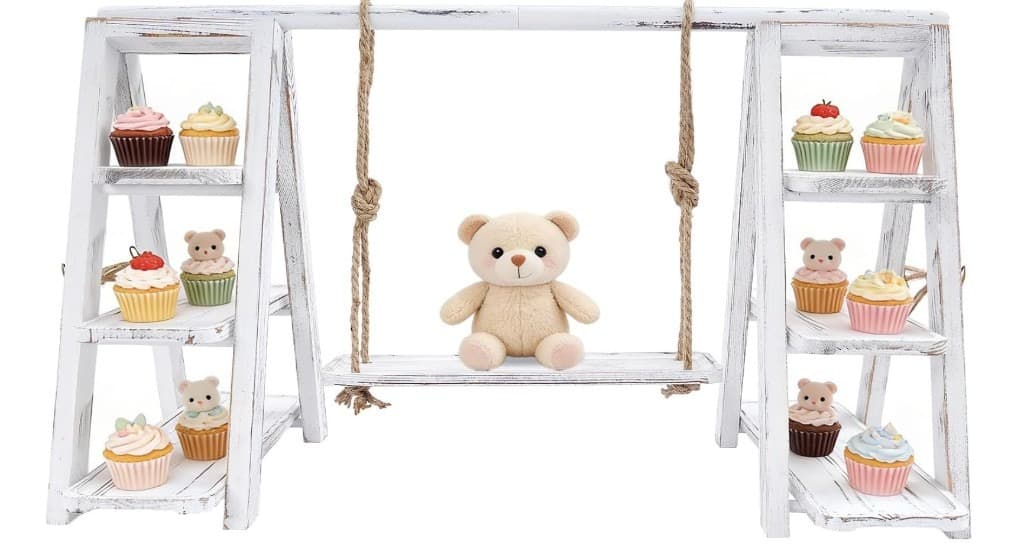 White rustic cupcake swing display with shelves for cupcakes and treats, available as a Florida Social Rentals add-on.