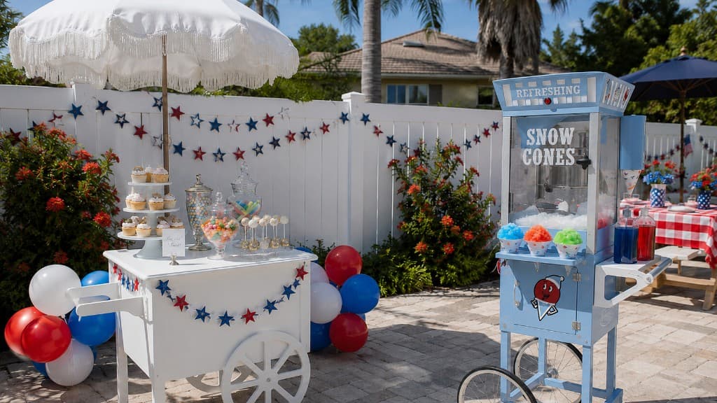 Florida Social Rentals backyard party setup with snow cone, popcorn, and cotton candy machines