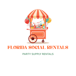 Florida Social Rentals party supply rentals logo featuring a coral party cart with a striped canopy and balloons