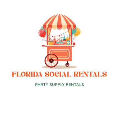 Florida Social Rentals party supply rentals logo featuring a coral party cart with a striped canopy and balloons