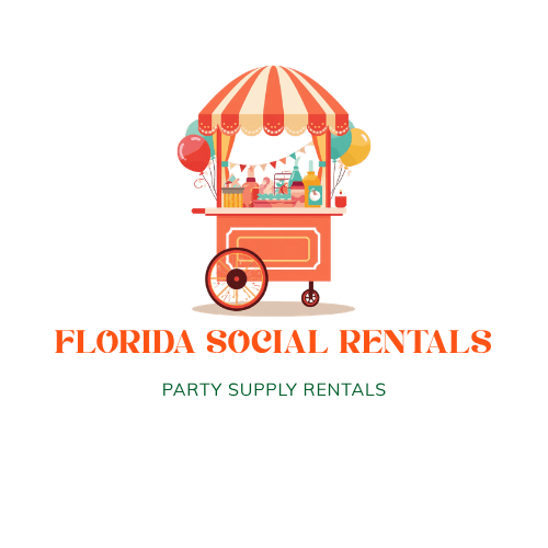 Florida Social Rentals party supply rentals logo featuring a coral party cart with a striped canopy and balloons