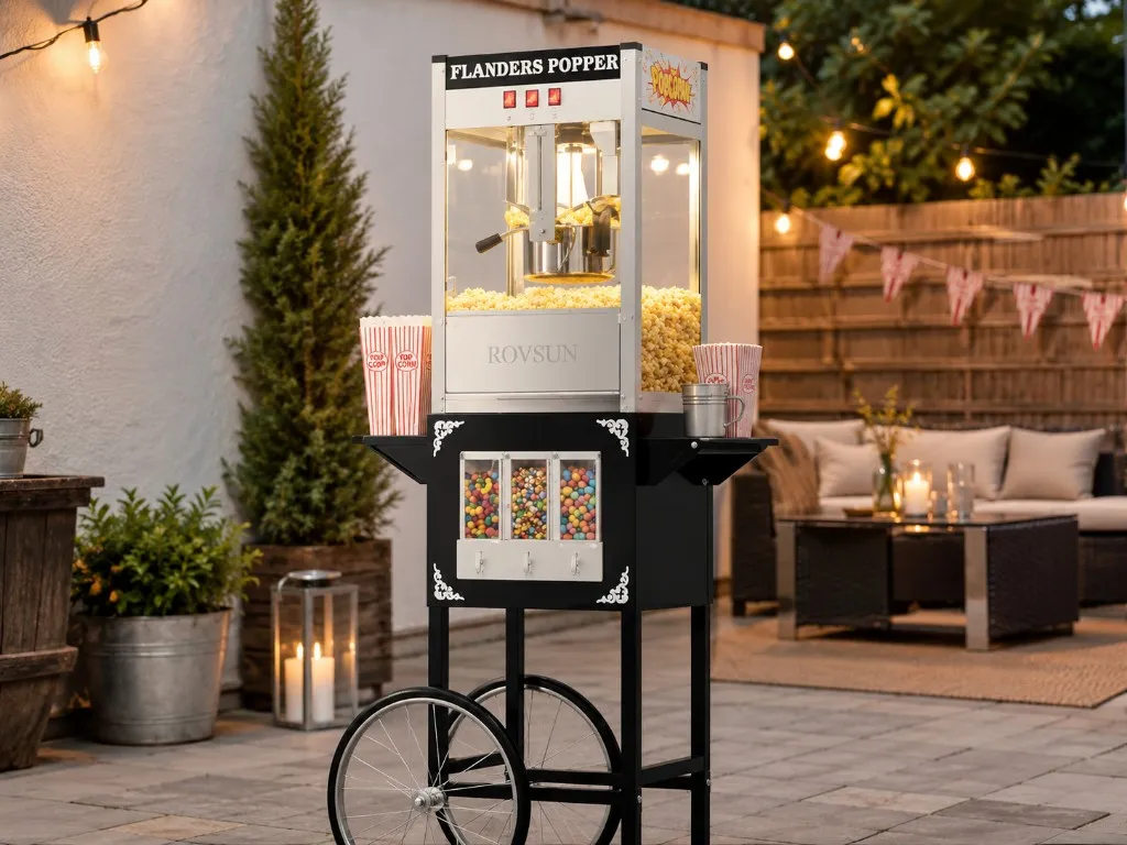 Popcorn machine on a black cart with popcorn cups set up outdoors for a backyard party rental.