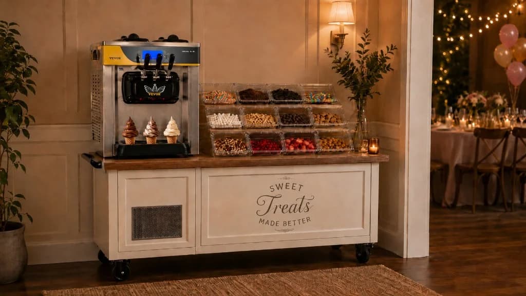 Soft serve ice cream machine with chocolate, vanilla, and twist cones set up beside an ice cream topping bar at an indoor party.