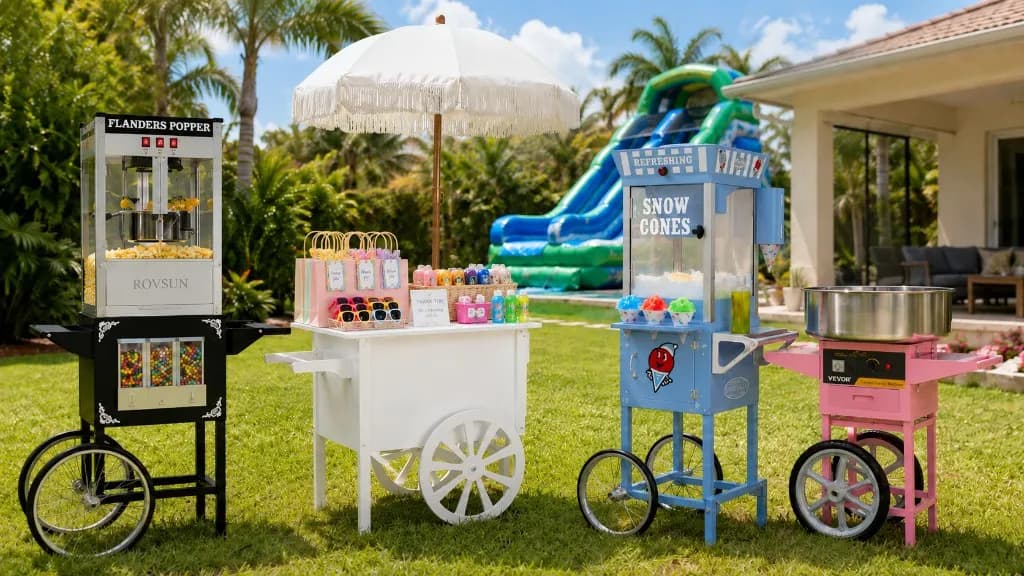 Popcorn machine, snow cone machine, cotton candy machine, and social cart set up outdoors for a summer backyard party rental.