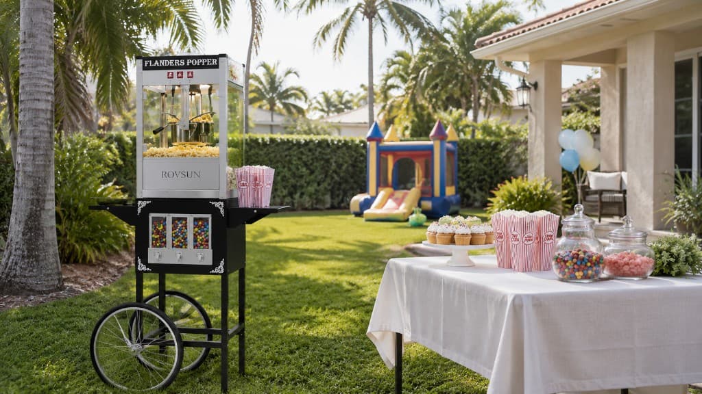 The Popcorn Social popcorn rental cart with candy dispensers set up for a South Florida backyard party