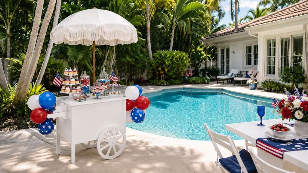 White event cart rental styled with desserts, candy, and balloons for a South Florida pool party