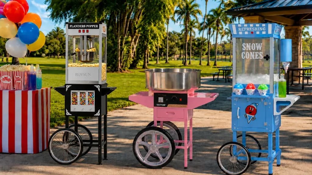 Popcorn, cotton candy, and snow cone machines bundled for a carnival-style South Florida party