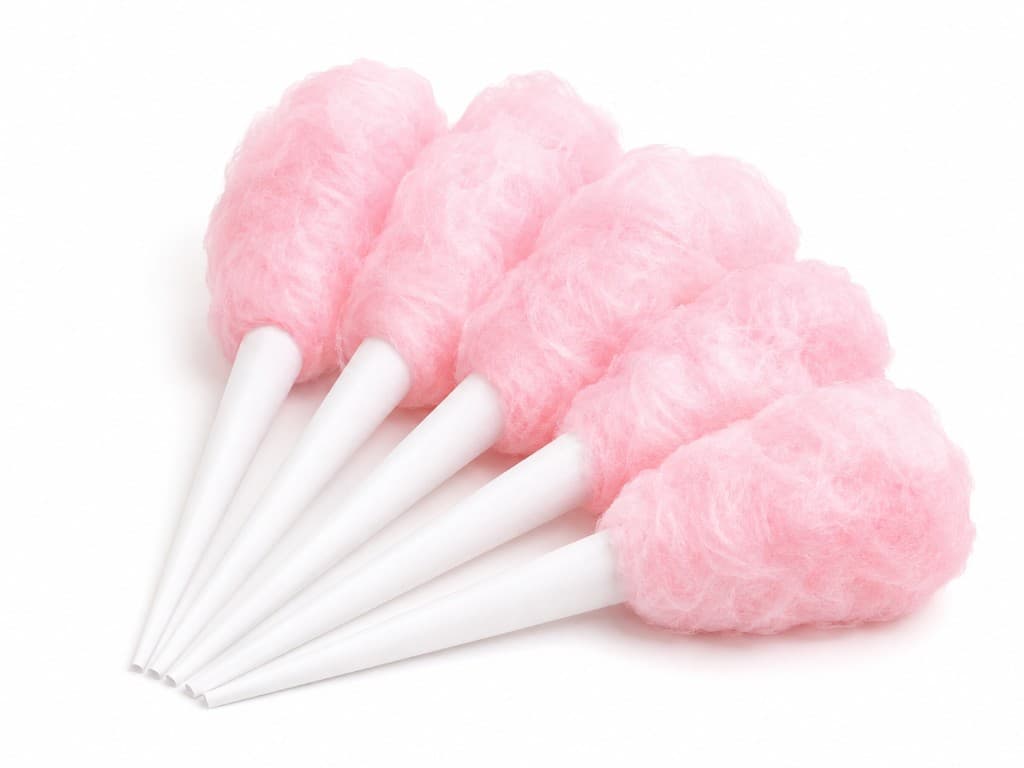 Pink cotton candy served on white cones for a cotton candy machine rental add-on in South Florida.