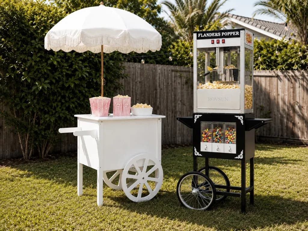 Popcorn machine and white social cart with boho umbrella set up outdoors for a backyard popcorn party rental.