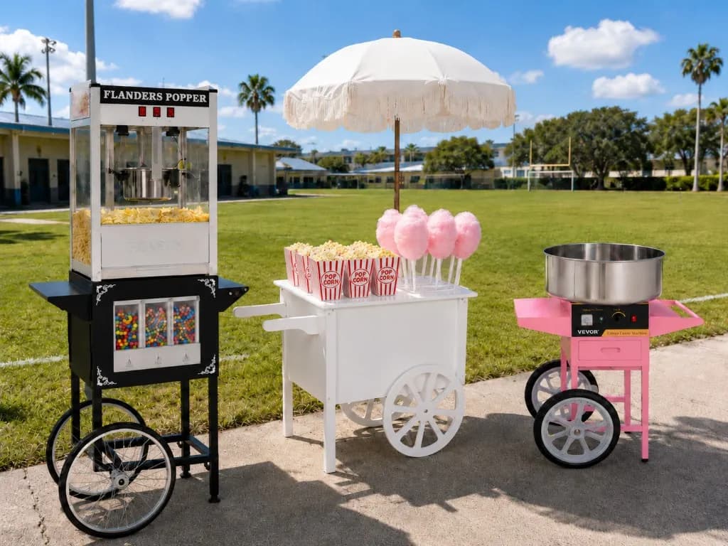 Social Cart setup with popcorn and cotton candy machines for a photo-ready party rental